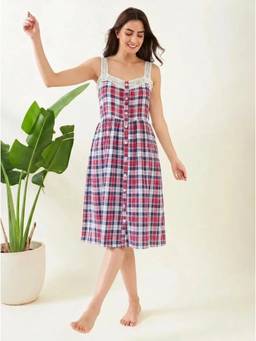 The Kaftan Company - Crochet Lace Straps Red & Navy Blue Plaid Cotton Nightdress