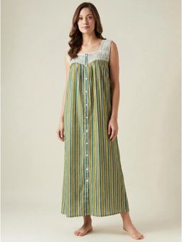 The Kaftan Company - Crochet Yoke Green Stripes Cotton Maxi Nightdress
