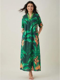 The Kaftan Company - Pockets Green Tropical Palm Print Cotton Maxi Nightdress