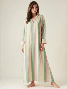 The Kaftan Company - Pastel Multi-Color Stripes Linen Hood Maxi Nightdress