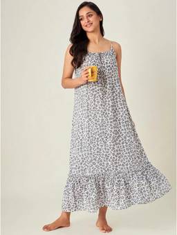 The Kaftan Company - Tie-Up Neckline Grey Leopard Print Modal Negligee Sleepwear