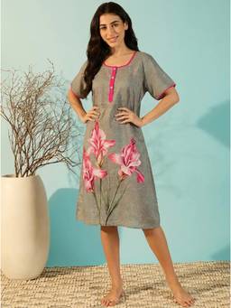 The Kaftan Company - Contrast Trim Grey Floral Print Nightdress