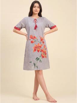 The Kaftan Company - Statement Lily Print Tassel Tie Grey Nightdress