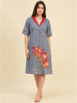 The Kaftan Company - Contrast Collar Dusty Blue Tie-Dye Print Nightdress