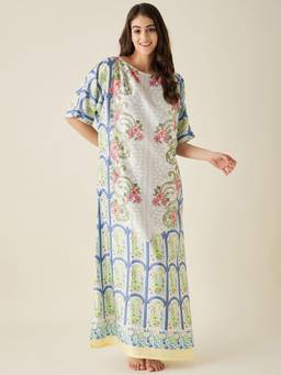 The Kaftan Company - White Mosaic Floral Printed Satin Nightdress with Eyemask