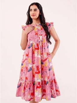 The Kaftan Company - Ruffle Sleeves Pink Printed Nightdress