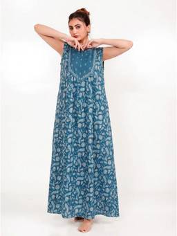 The Kaftan Company - Embroidered Yoke Teal Floral Print Maxi Nightdress