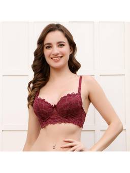 PrettyCat - Womens Maroon Lightly Padded Underwire Floral Lace T-Shirt Bra