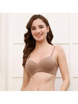PrettyCat - Womens Beige Lightly Padded Non-Wire Seamless T-Shirt Bra