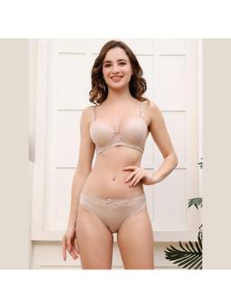 PrettyCat - Womens Beige Lightly Padded Underwire Polka Print T-Shirt Bra with Panty
