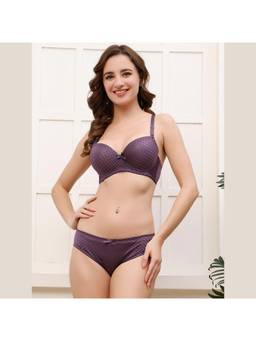 PrettyCat - Womens Purple Lightly Padded Underwire Polka Print T-Shirt Bra with Panty
