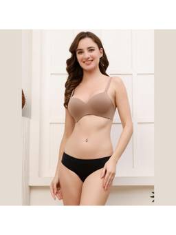 PrettyCat - Womens Beige Lightly Padded Non-Wire Seamless T-Shirt Bra with Panty