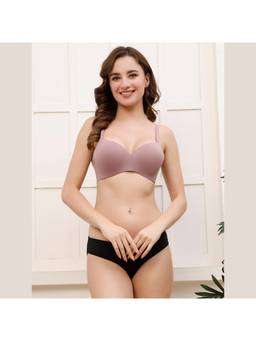 PrettyCat - Womens Mauve Lightly Padded Non-Wire Seamless T-Shirt Bra with Panty