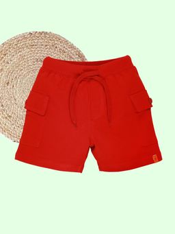 KiddoPanti - Boys Red Cotton Basic Cargo Solid Shorts