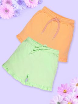KiddoPanti - Girls Orange & Green Cotton Bottom Hem Frill Solid Shorts (Pack of 2)