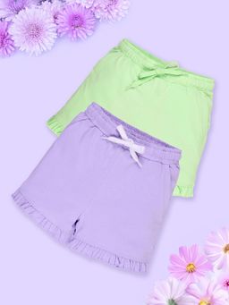 KiddoPanti - Girls Purple & Green Cotton Bottom Hem Frill Solid Shorts (Pack of 2)