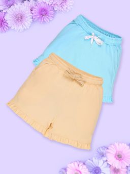 KiddoPanti - Girls Blue & Yellow Cotton Bottom Hem Frill Solid Shorts (Pack of 2)