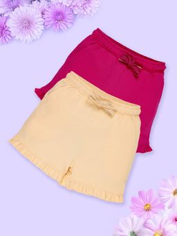 KiddoPanti - Girls Pink & Yellow Cotton Bottom Hem Frill Solid Shorts (Pack of 2)