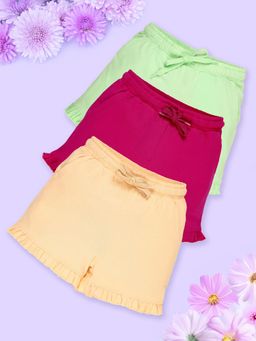 KiddoPanti - Girls Multi-Color Cotton Bottom Hem Frill Solid Shorts (Pack of 3)