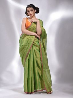 CHARUKRITI - Green Tissue Handwoven Soft Saree with Unstitched Blouse