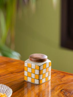 ExclusiveLane - 'Shatranj Checkered' Storage Jar & Container in Ceramic (Airtight, 240 ML, 4 Inch)