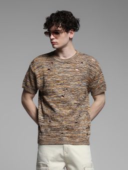 Jack & Jones - Brown Cotton Oversized Fit Pullover Knitted T-Shirt