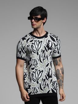 Jack & Jones - Green Cotton Regular Fit Pullover Knitted Floral T-Shirt