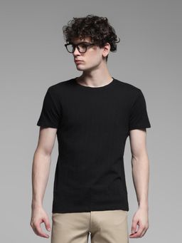 Jack & Jones - Black Cotton Regular Fit Textured T-Shirt