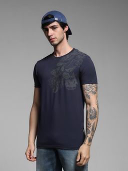 Jack & Jones - Navy Blue Cotton Slim Fit Floral T-Shirt