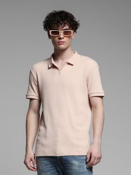 Jack & Jones - Pink Cotton Regular Fit Textured Polo T-Shirt