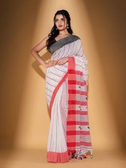 Beatitude - White Handspun Cotton Woven Saree with Unstitched Blouse