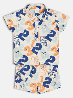 MINI KLUB - Cotton Half Sleeve Text Printed Tee White & Blue Short (Set of 2)