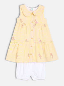 MINI KLUB - Cotton Sleeveless Birds Printed Dress With Bloomer - Yellow (Set of 2)