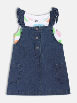 MINI KLUB - Cotton Sleeveless Solid Dungree and Printed T-shirt - White & Blue (Set of 2)