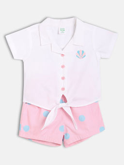 MINI KLUB - Cotton Half Sleeves Solid Top & Bottom-White & Pink (Set of 2)
