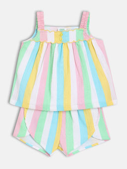 MINI KLUB - Cotton Sleeveless Striped Top & Bottom-White, Yellow & Pink (Set of 2)