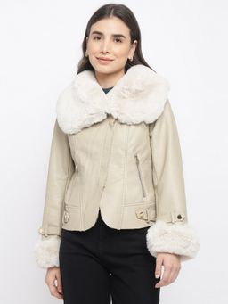 Latin Quarters - Women Beige Full Sleeve Jacket with Fur