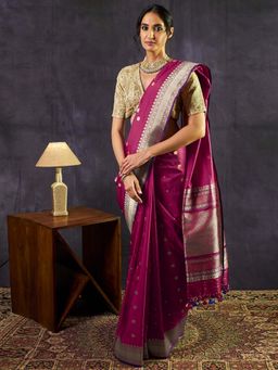 WeaverStory - Handloom Plum Kadhwa Booti Saree With Blue Selvedge With Unstitched Blouse