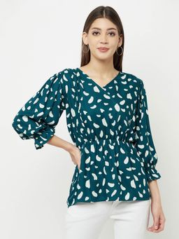 CRIMSOUNE CLUB - Women Teal Green Printed V-Neck Empire Top