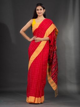 CHARUKRITI - Red Handspun Cotton Hand Woven Saree & Geometric Floral in Pallu with Unstitched Blouse