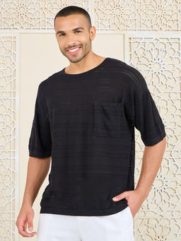 Styli - Black Relaxed Fit Knit Cotton T-shirt