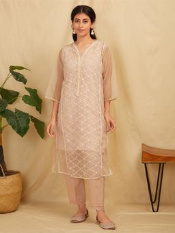 Zuri - Peach Embroidered Organza Kurta With Peach Pants