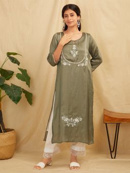 Zuri - Grey Embroidered Satin Silk Kurta With Pants- Set of 2