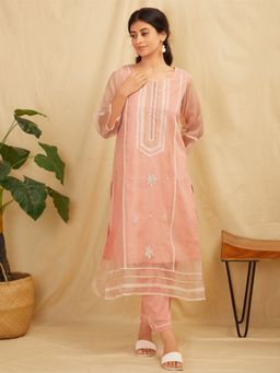 Zuri - Peach Embroidered Organza Kurta With Peach Pants