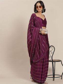 Odette - Wine Elegant Mirror Work Saree with Unstitched Blouse