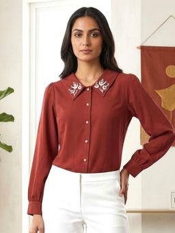 WineRed - Women Maroon Polyester Embroidered Shirt