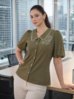 WineRed - Women Olive Polyester Embroidered Top