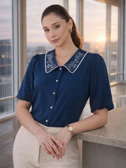 WineRed - Women Blue Polyester Embroidered Top