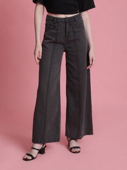 Bene Kleed - Women Charcoal Cotton Solid Wide Jeans