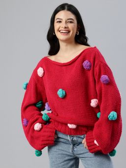 Magic Needles - Women Coral Acrylic Blend Embellished Sweater
